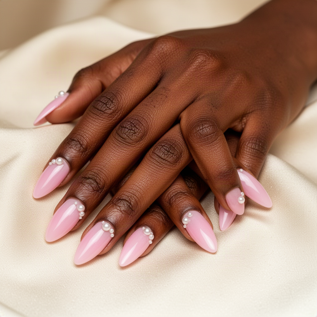 Soft pink almond nails with small pearl accents