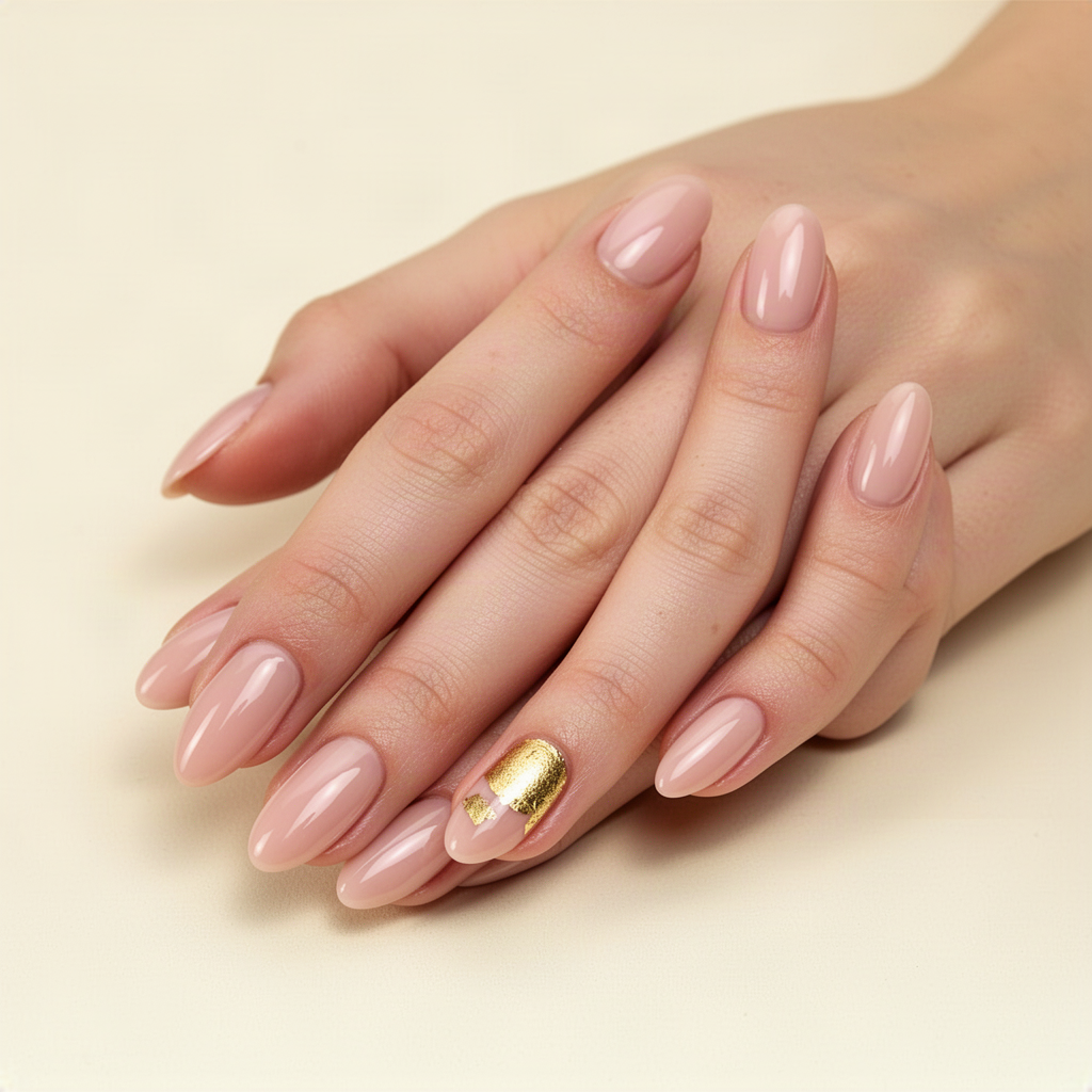 Glossy nude pink almond nails with one gold foil nail