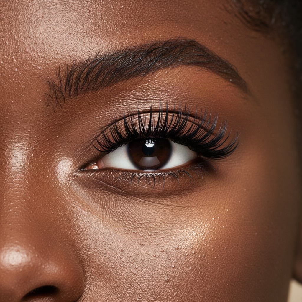 Eye of a Black woman with full medium length volume lashes