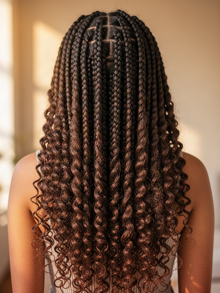 Back view of long braids with dark brown crimped kinky ends