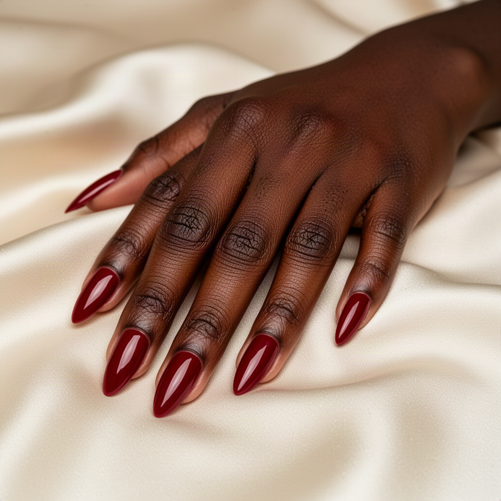 Hand with deep brown skin and glossy cherry red almond nails