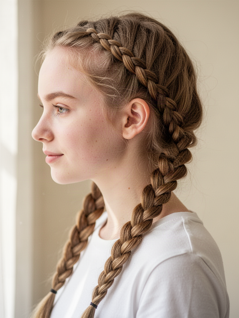 Side view of a young woman with two neat light brown Dutch braids