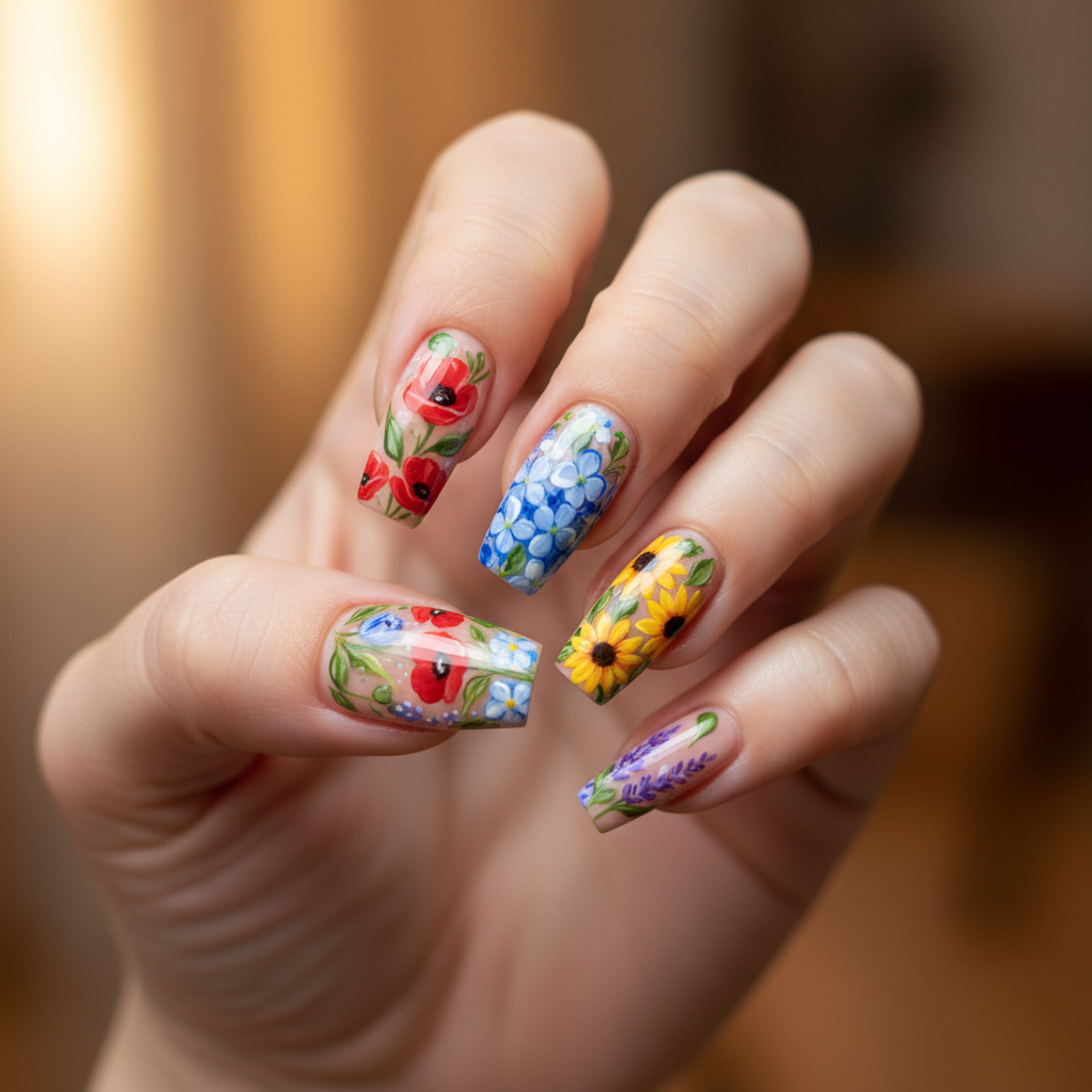 Coffin nails painted with poppies, sunflowers and lavender