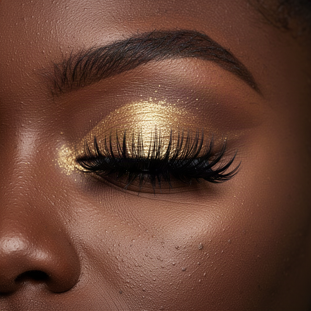 Closed eye of a Black woman with mega volume lashes and gold eyeshadow